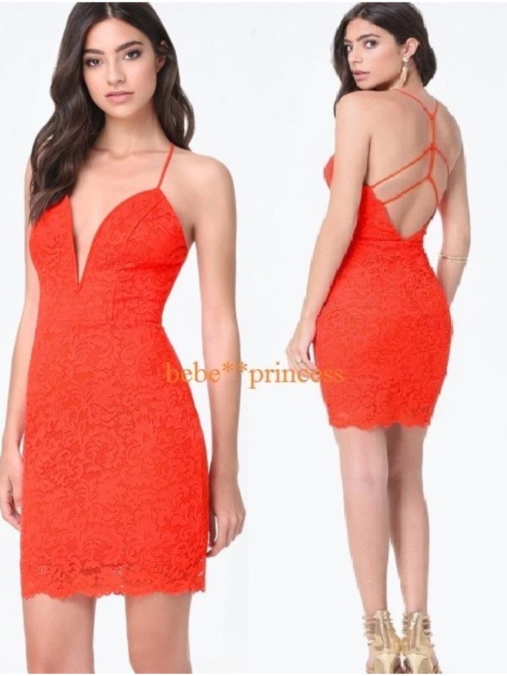 NWT bebe L Large red lace top dress cutout straps open back deep v neck bustier